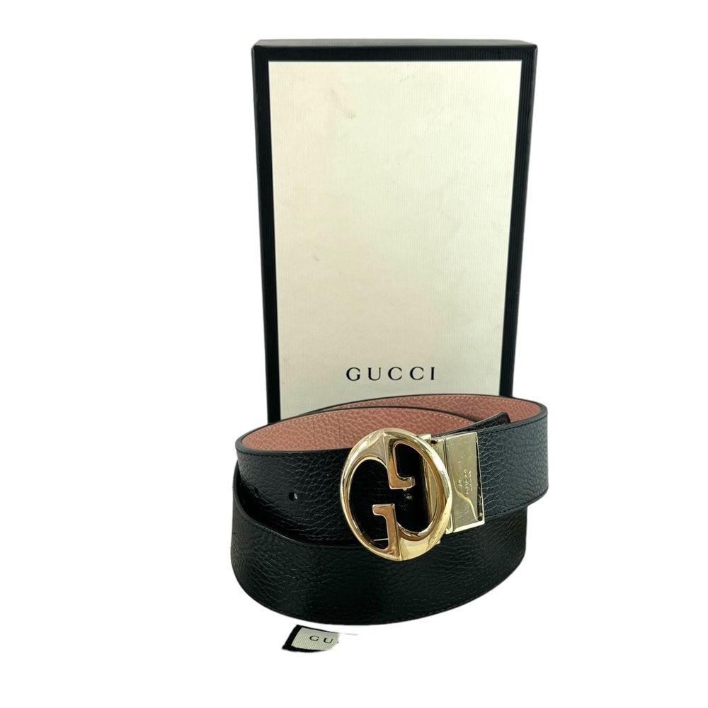 GUCCI 450000Black & Pink Leather Interlocking GG Reversible Women's Belt 90-36